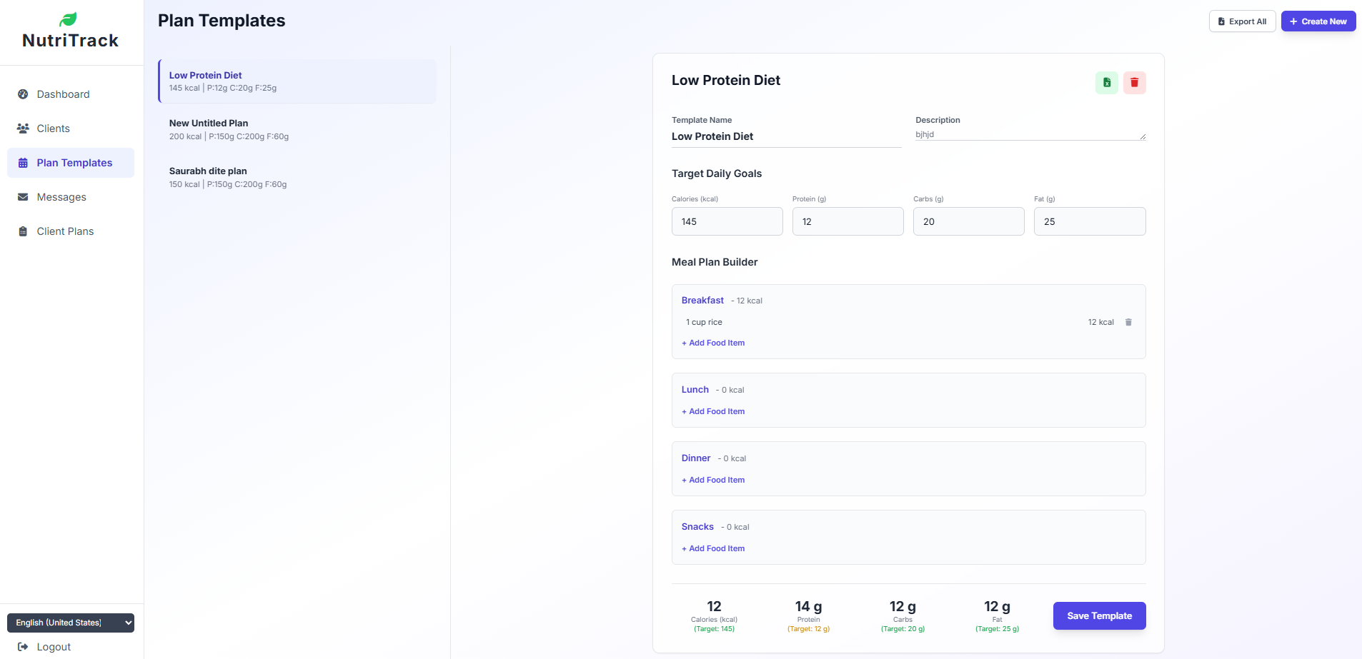 Meal Planning Interface